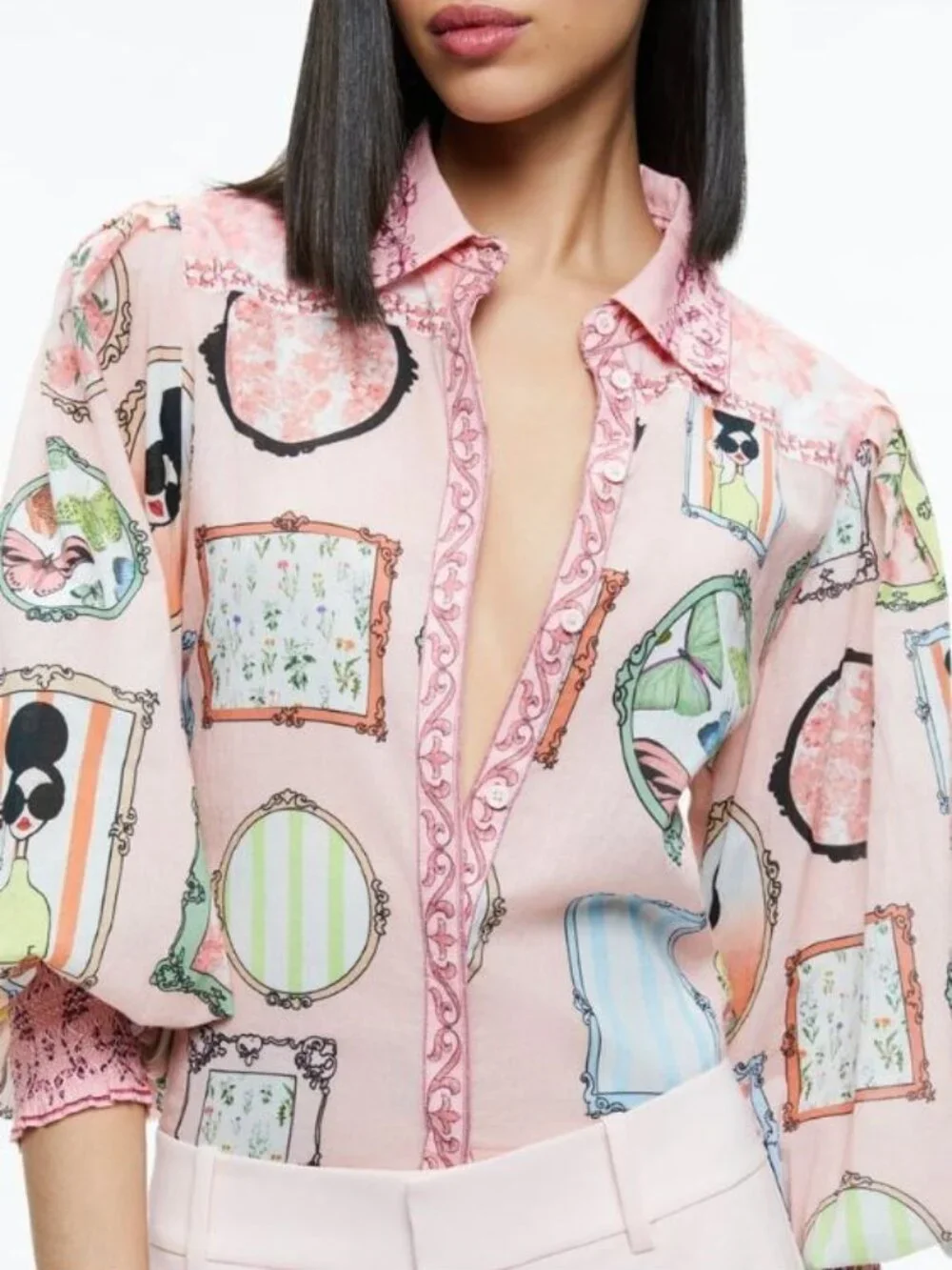 Alice + Olivia Tiffie Mirror Stace Face Drama Sleeve Blouse Medium - Picture 4 of 12